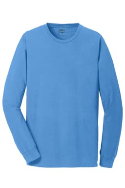A long sleeve tee in a vibrant blue colour, featuring a crew neckline and a logo on the label.