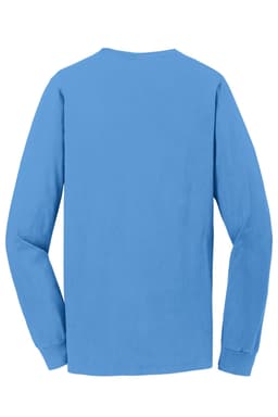 A long sleeve tee in a vibrant blue colour, featuring a plain back and long sleeves. It has a logo.