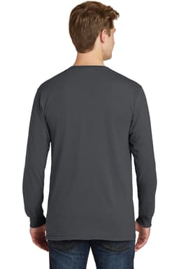 A grey long sleeve tee viewed from the back, featuring a simple design and no visible logos.