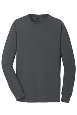 A long sleeve t-shirt in dark grey, featuring a simple design and a logo on the label.
