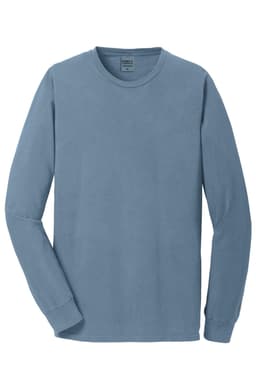 A long sleeve tee in a soft blue colour. Features a crew neck and has a logo on the label.