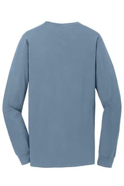 A long sleeve tee in a soft blue hue, featuring a simple back design and a logo.