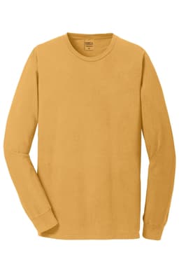 A long sleeve tee in a vibrant mustard yellow, featuring a crew neckline and a logo on the label.
