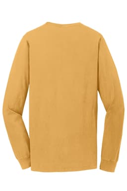 A long sleeve tee in a warm gold hue, featuring a simple design and a logo on the back.