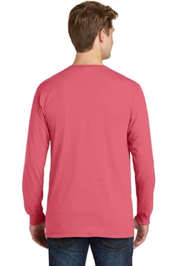 A pink long sleeve tee with a plain back. The person is wearing jeans. The shirt features a logo.