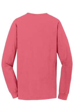 A long sleeve tee in a vibrant coral colour, featuring a logo on the back.
