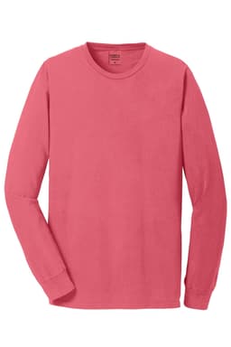A long sleeve t-shirt in a vibrant coral colour, featuring a logo on the neckline.