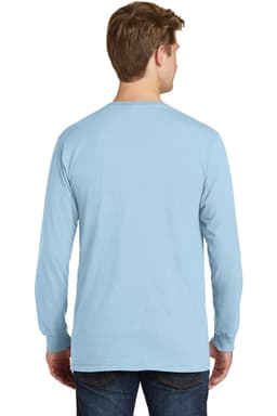 A light blue long sleeve tee viewed from the back, featuring a simple design and a logo.