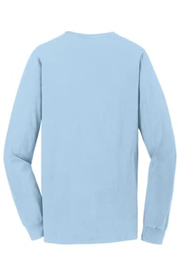 A long sleeve T-shirt in a light blue colour featuring a plain back and a logo on the tag.