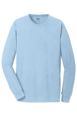 A light blue long sleeve T-shirt with a round neckline and one logo on the label.