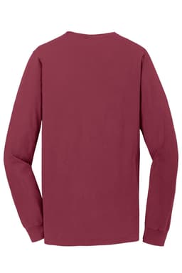 A long sleeve tee in a deep burgundy colour, featuring a plain back and a logo on the neck area.