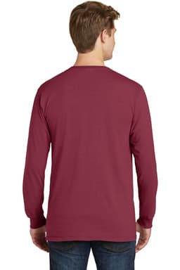 A maroon long sleeve t-shirt viewed from the back, featuring a logo on the garment.