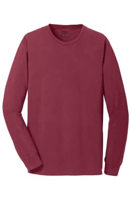 A maroon long sleeve tee from Port & Company, featuring a logo on the label.