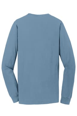 A long sleeve tee in a soft blue colour, featuring a plain back and a casual fit, with a brand logo.