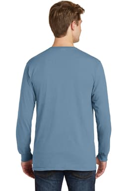 A long sleeve tee in light blue, featuring a plain design and a logo on the back.