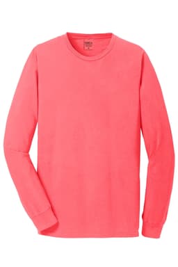 A long sleeve t-shirt in vibrant coral colour, featuring a logo, made from pigment-dyed fabric.