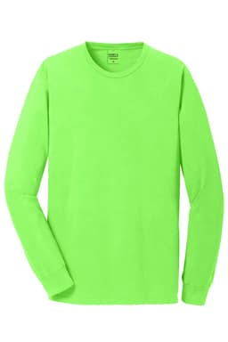 A vibrant lime green long sleeve tee made from pigment-dyed fabric, featuring a logo.