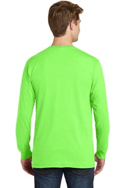 A man is wearing a bright green long sleeve T-shirt, viewed from the back. The shirt features a logo.