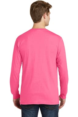 A man wearing a vibrant pink long sleeve tee, viewed from the back. The shirt features a logo.