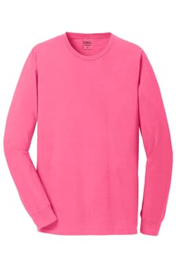 A pink long sleeve tee with a round neckline and long sleeves, featuring a logo on the label.