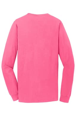A long sleeve tee in bright pink, featuring a simple design and a logo on the back.