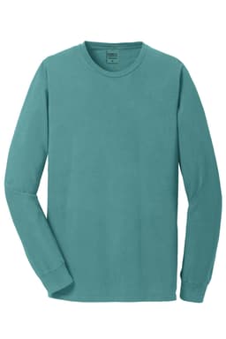 A long sleeve tee in teal with a round neck, featuring a small logo on the inner label.