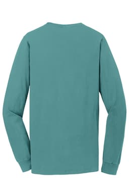 A teal long sleeve t-shirt made of cotton, featuring a plain back and a branding logo.