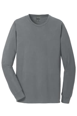 A grey long sleeve t-shirt made from pigment-dyed fabric, featuring a crew neck and a logo.