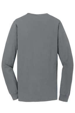 A long sleeve tee in a muted grey colour, featuring a minimalist design with a logo on the back.