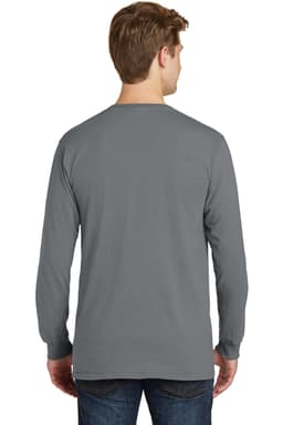 A long sleeve tee in grey, featuring a simple design and a logo on the back.