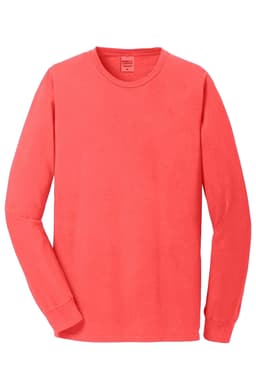 A long sleeve t-shirt in coral, featuring a logo on the label.