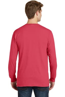 A red long sleeve tee viewed from the back, featuring a plain design with a logo.