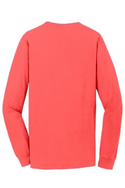 A long sleeve tee in vibrant coral, featuring a minimalist design and a logo on the back.