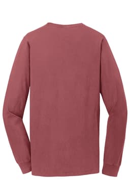 A long sleeve tee in a deep maroon colour, featuring a plain back design and a branding logo.
