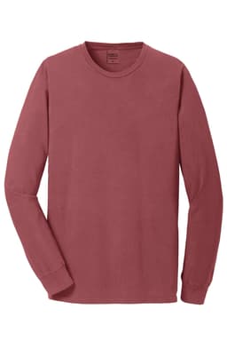A long sleeve tee in a muted burgundy colour, featuring a logo on the neckline.