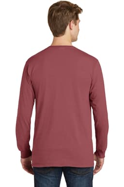A man wearing a maroon long sleeve T-shirt, viewed from the back. The shirt has a logo on it.