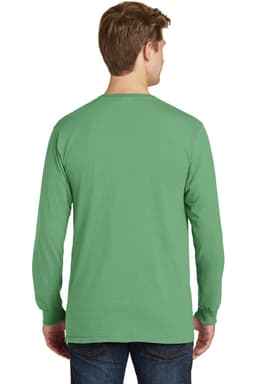 A long sleeve tee in green, featuring a simple design and a logo on the back.