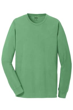 A green long sleeve t-shirt with a standard fit and a logo on the neckline.