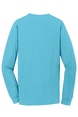A long sleeve tee in vibrant turquoise colour, featuring a plain back and overall casual design.