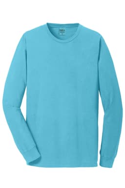 A long sleeve tee in vibrant aqua, with a comfortable fit and a logo on the label.