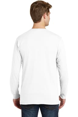 A man is wearing a white long sleeve tee shirt, viewed from the back, with a logo on the garment.