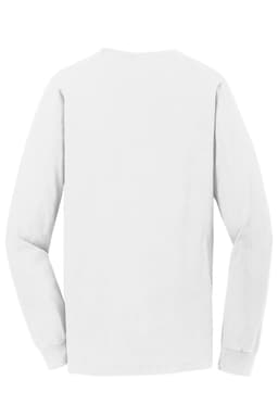 A white long sleeve tee with a plain back, made from pigment-dyed fabric and featuring a logo.