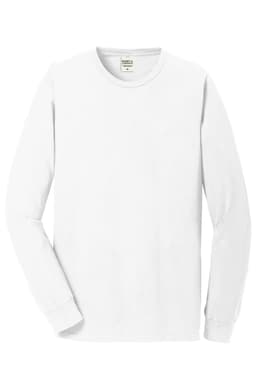A white long sleeve tee in a classic design, featuring a label inside and a small logo on the exterior.