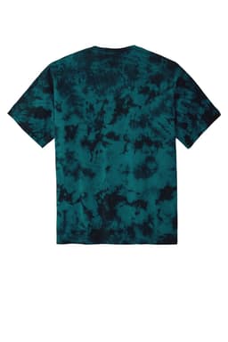 A teal and black tie-dye T-shirt with short sleeves and a branding logo on the back.