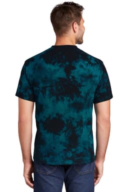 A man wearing a blue and black tie-dye t-shirt, showcasing the back design of the Port & Company Crystal Tie-Dye Tee.