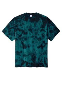 A teal and black tie-dye t-shirt with a relaxed fit and short sleeves. Features a logo on the label.