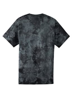 A tie-dye t-shirt in shades of black and grey, featuring a logo on the design. Back view shown.