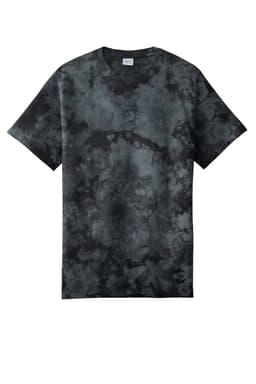 A tie-dye T-shirt in shades of grey and black, featuring a relaxed fit and a branded label.