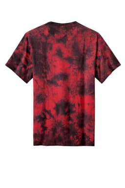 A tie-dye t-shirt in red and black with a relaxed fit and short sleeves. It features a logo.