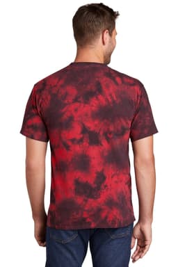 A back view of a men's t-shirt featuring a red and black tie-dye pattern. The shirt has a logo.
